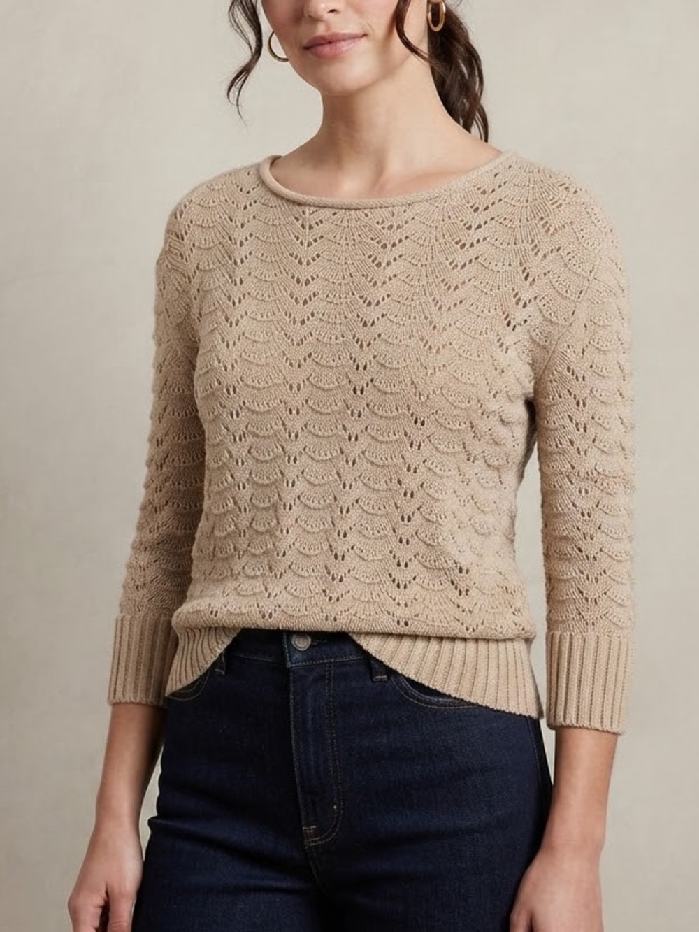 Sonoma Cotton 3/4 Sleeve Open-Knit Fall Autumn Crewneck Sweater Size Small